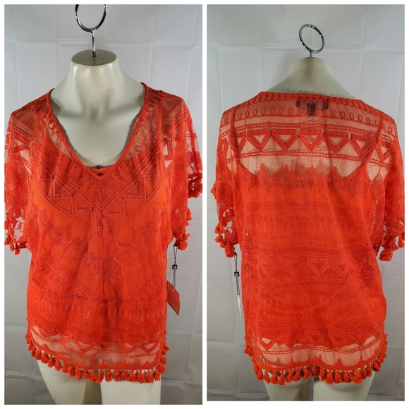 Laundry by Shelli Segal Lace Cap Sleeve Orange Top - Picture 2 of 5